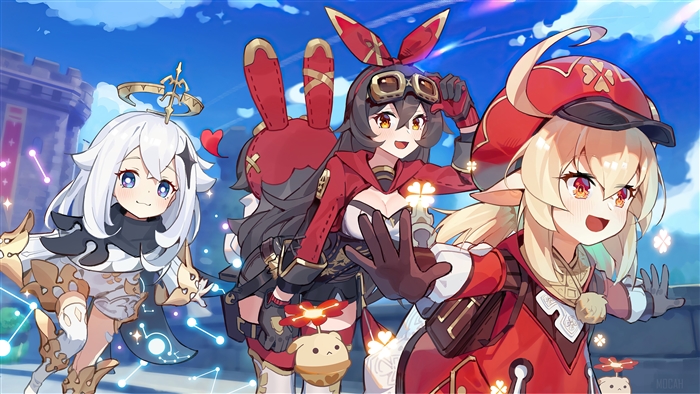 Genshin Impact Characters Klee, Amber, and Paimon 4K