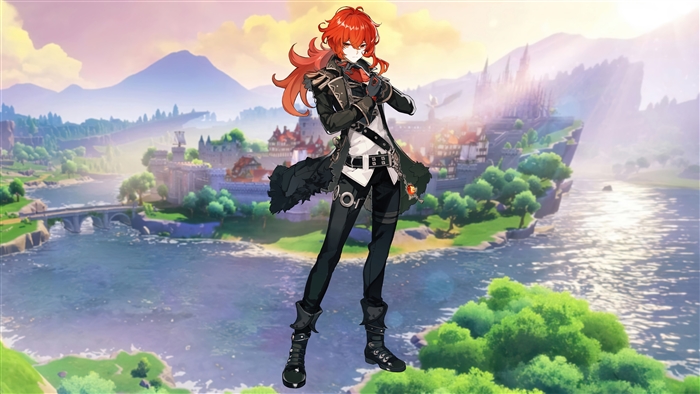 Diluc from Genshin Impact in a fantasy landscape