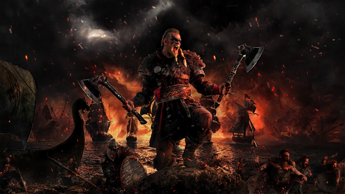 Eivor Viking Warrior Standing Amidst Battle Flames 4K