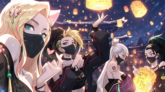 KDA League of Legends Characters with Sky Lanterns 4k