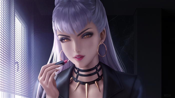 Evelynn from League of Legends applying lipstick