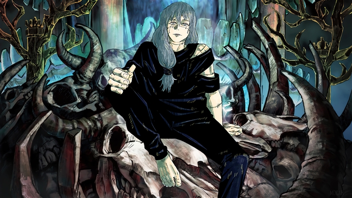 Mahito from Jujutsu Kaisen sitting on skulls