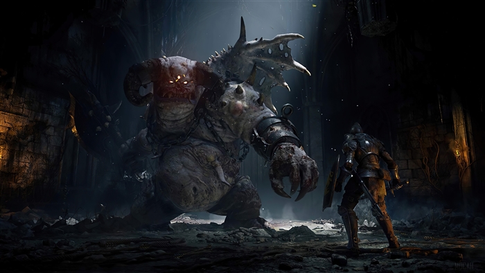 Demon's Souls: The Penitent Knight faces a large demon