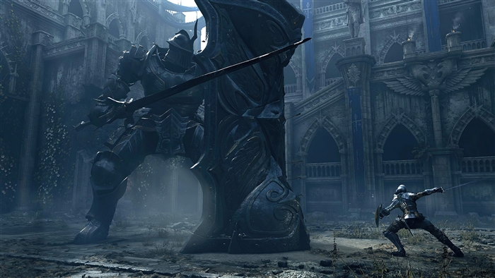 Tower Knight from Demon's Souls in a ruined castle