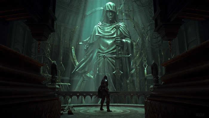 Knight before giant statue in Demon's Souls 4K