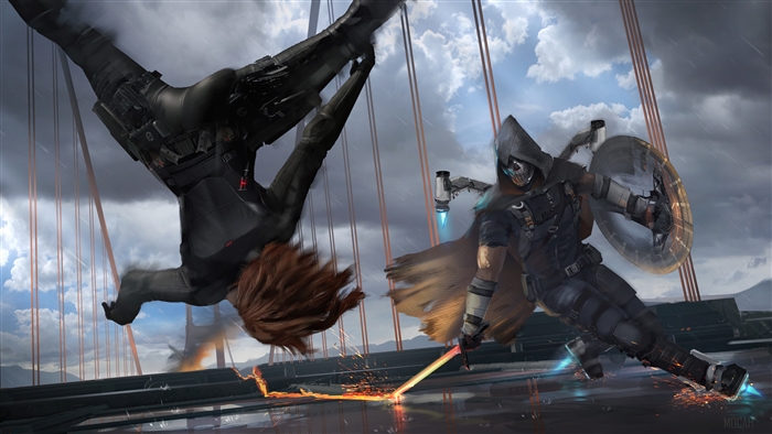 Black Widow and Taskmaster fighting on Golden Gate Bridge