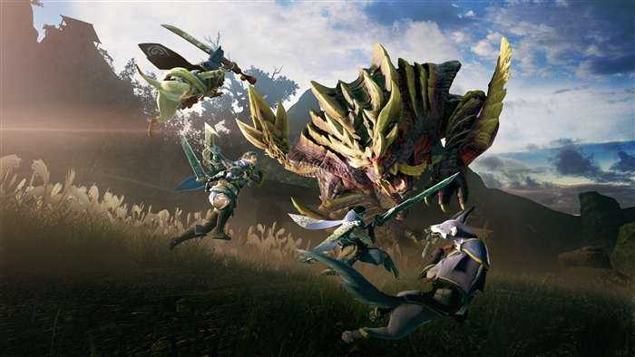 Monster Hunter Rise Characters Fighting a Monster 4K