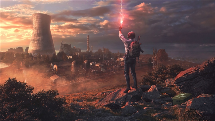 Player from PUBG holding a flare gun with cooling towers