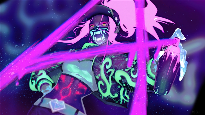 Akali from League of Legends spraying neon paint