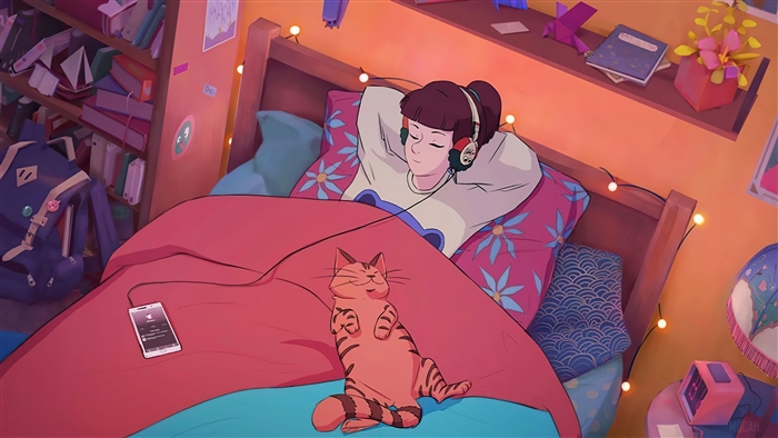 Lofi Girl Relaxing with Cat and Headphones 4K