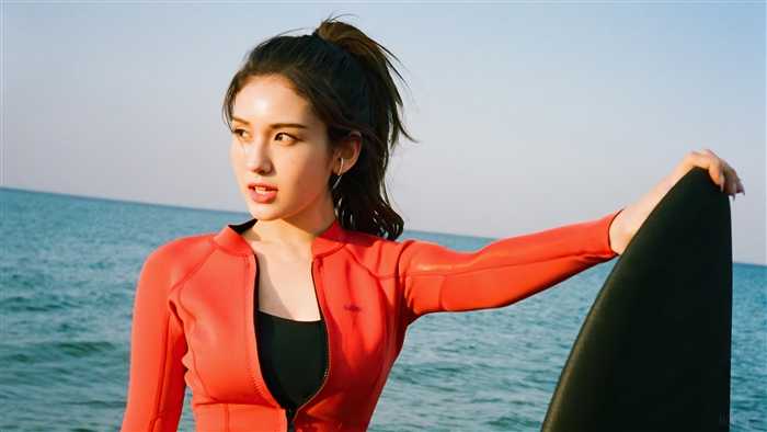 Jeon Somi in Red Wetsuit at the Beach 4K