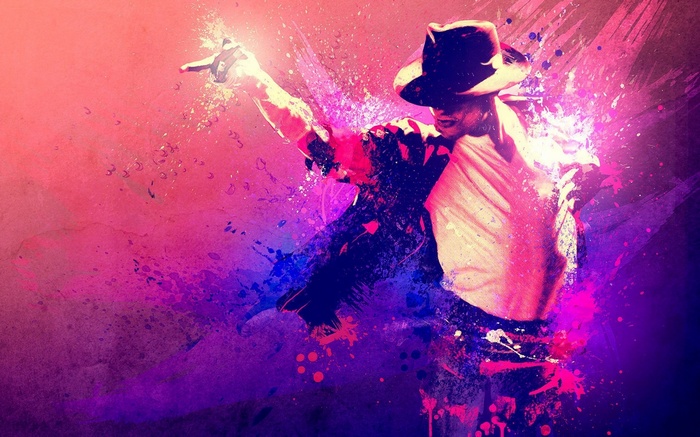Michael Jackson performing with colorful paint splatters