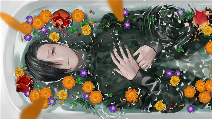 Junpei Yoshino from Jujutsu Kaisen in a bathtub with flowers
