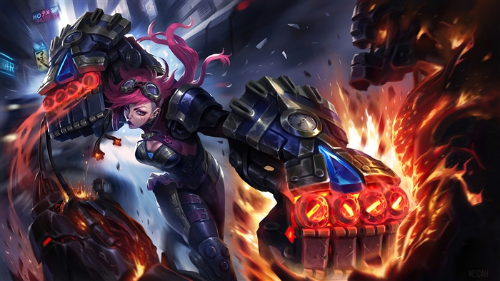 Vi from League of Legends fighting a fiery monster