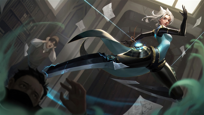 Camille from League of Legends in a library