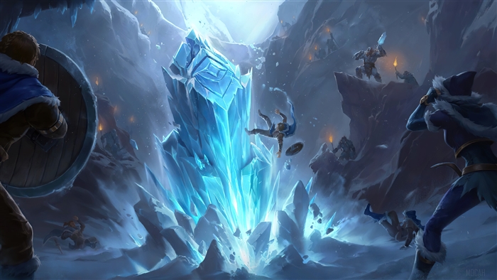 Battle at a giant ice pillar in Freljord from Legends of Runeterra 4K