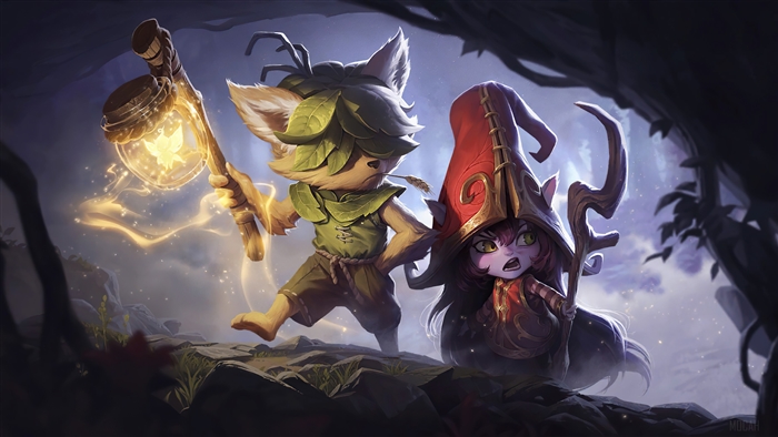 Gnar and Lulu from League of Legends in a forest