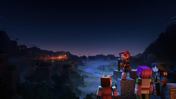 Minecraft Dungeons characters overlook a valley at night