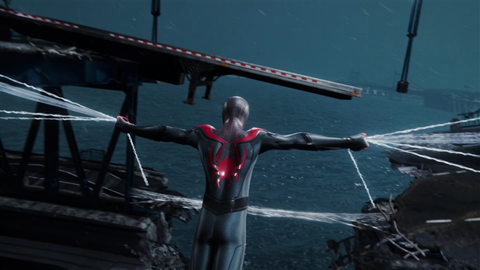 Miles Morales from Marvel's Spider-Man swinging on webs