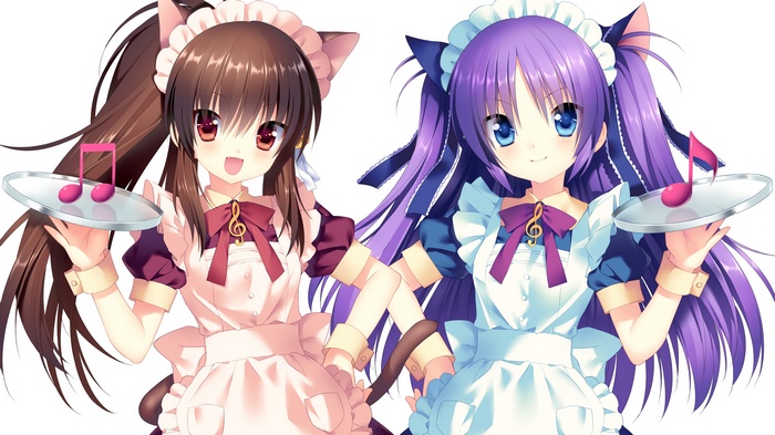 Two catgirl maids with musical notes on trays