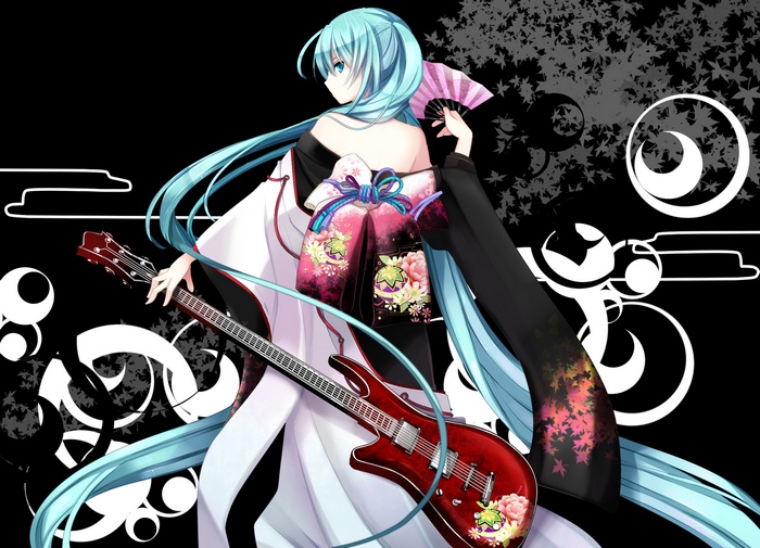 Hatsune Miku in Kimono with Guitar and Fan