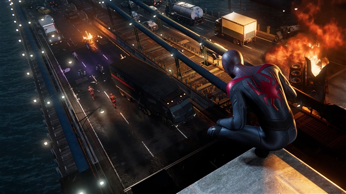 Spider-Man from Marvel's Spider-Man: Miles Morales on a bridge