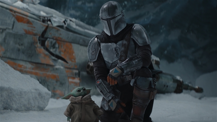 The Mandalorian and Baby Yoda in Snowy Landscape 4K