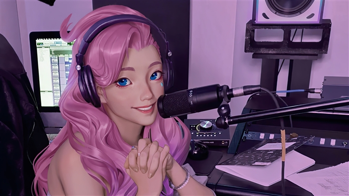 Seraphine from League of Legends in a recording studio