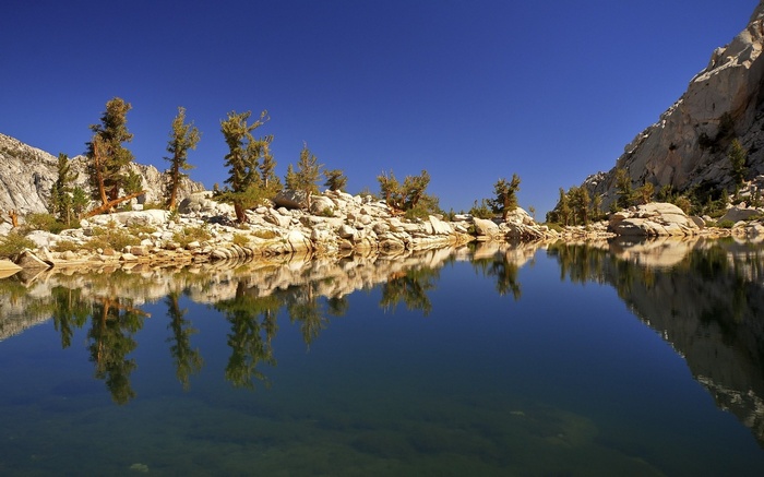Lake reflecting trees and rocky mountains under a clear blue sky