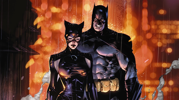 Batman and Catwoman Standing Together in Rain
