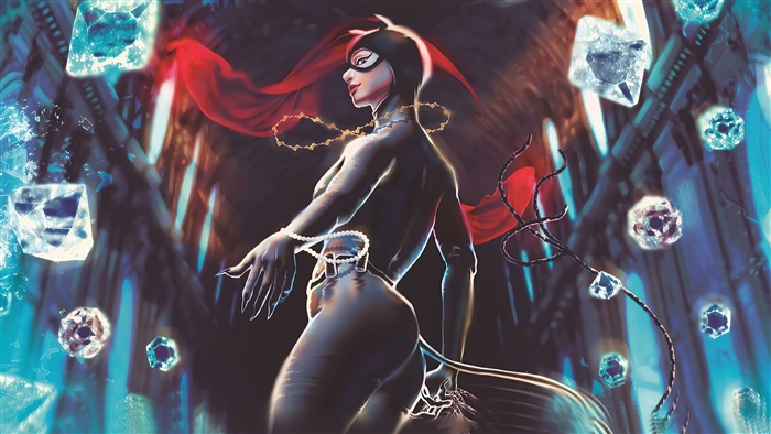 Catwoman from DC Comics surrounded by diamonds