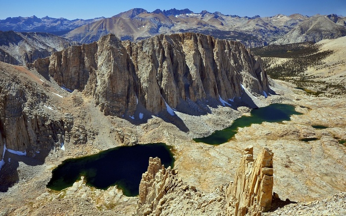 Mountain landscape with jagged peaks and alpine lakes