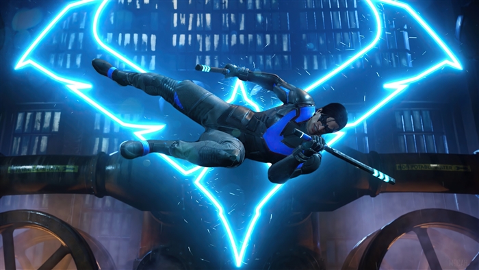 Nightwing from Gotham Knights in front of a neon logo