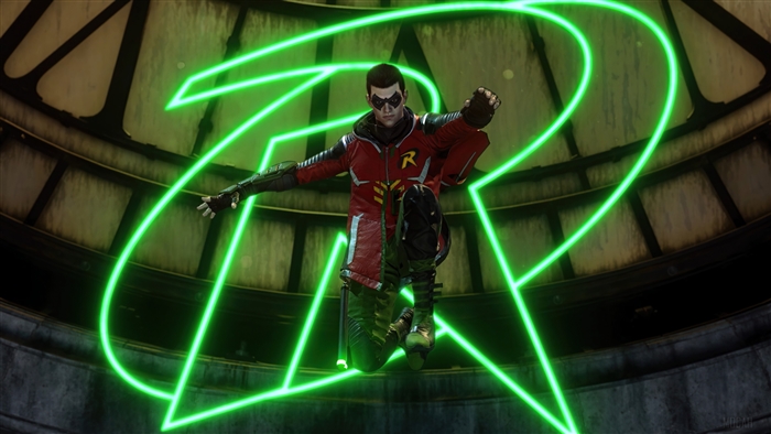 Robin from Gotham Knights in front of a green logo