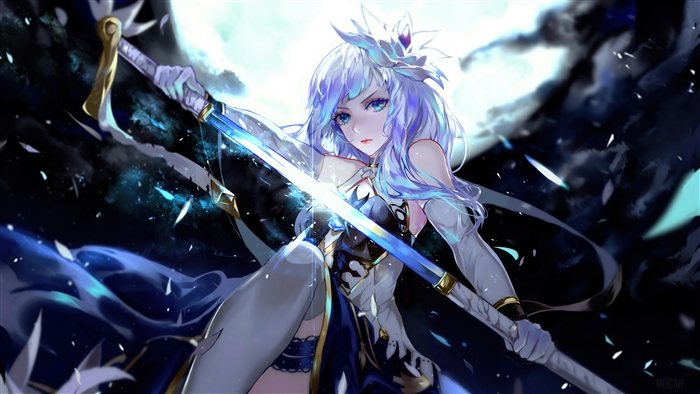 Anime Girl with Katana under the Moon 4K