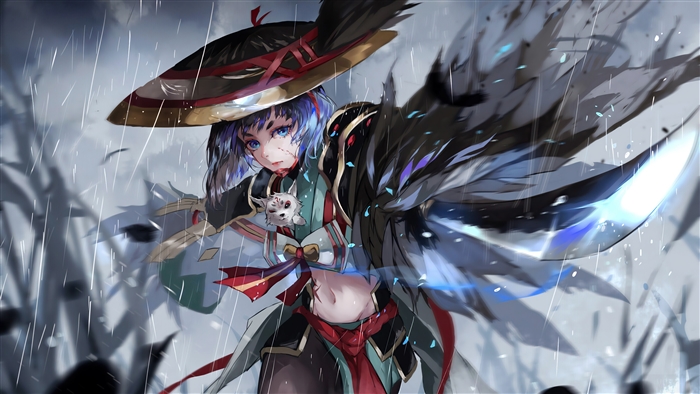 Anime girl with black wings in the rain