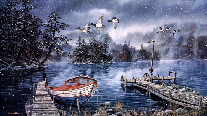 Ducks flying over a snowy lake with boats and docks