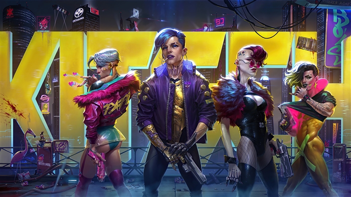 Cyberpunk 2077 characters in front of large yellow letters