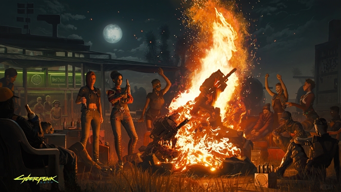 Cyberpunk 2077 characters around a bonfire