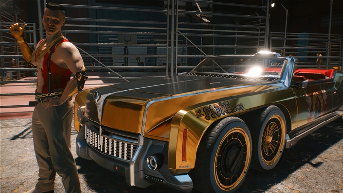 Man with gold arm and car in Cyberpunk 2077 4K