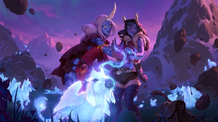 Soraka and Janna from League of Legends in a magical landscape