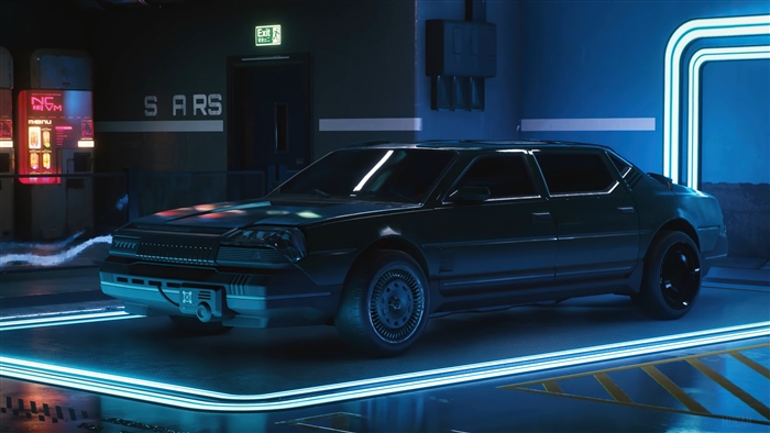 Cyberpunk 2077 car in a neon-lit garage