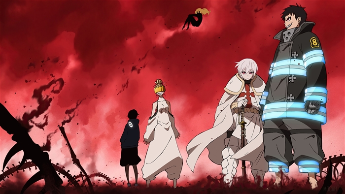 Fire Force Pillars United in Fiery Red Sky 4K