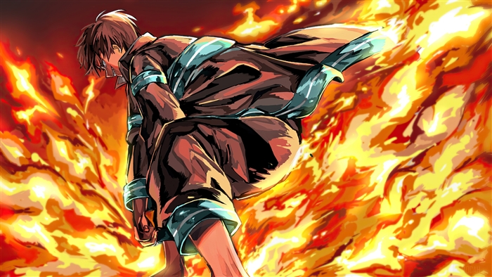 Shinra Kusakabe from Fire Force in flames