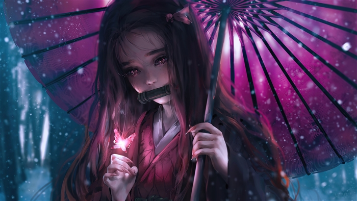 Nezuko Kamado in Rain with Pink Umbrella 4K