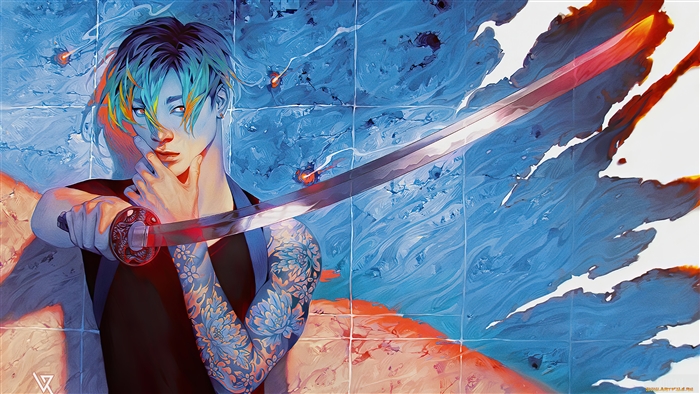 Anime Guy with Katana and Tattoos 4K