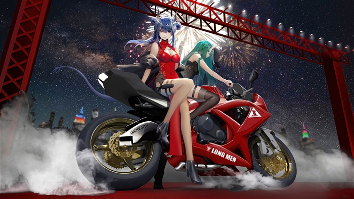 Arknights Chen and Hoshiguma on Motorcycle 4K