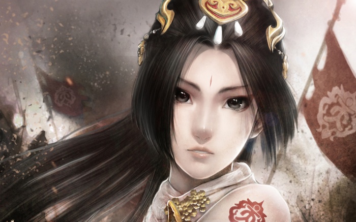 Anime girl with traditional Asian headdress and tattoos