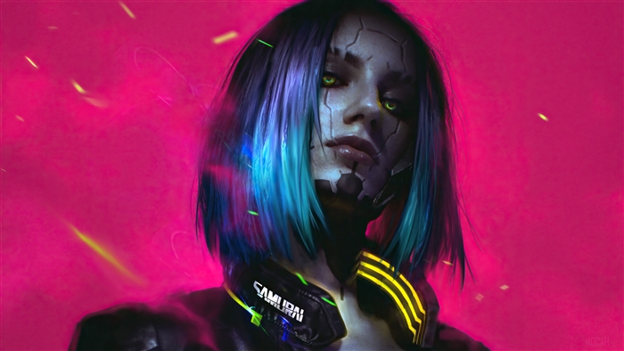 Cyberpunk 2077 Character with Neon Blue Hair 4K