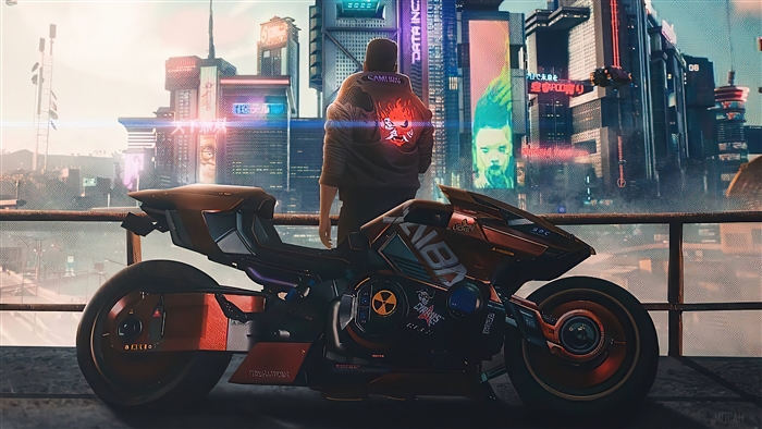 V from Cyberpunk 2077 with Samurai Jacket and Motorcycle